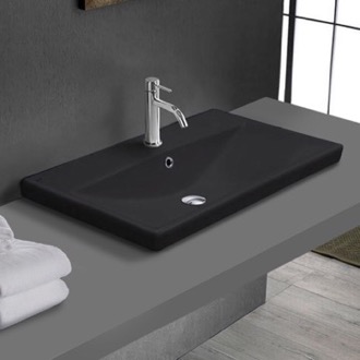 Bathroom Sink Drop In Bathroom Sink, Matte Black Ceramic, Rectangular CeraStyle 032007-U/D